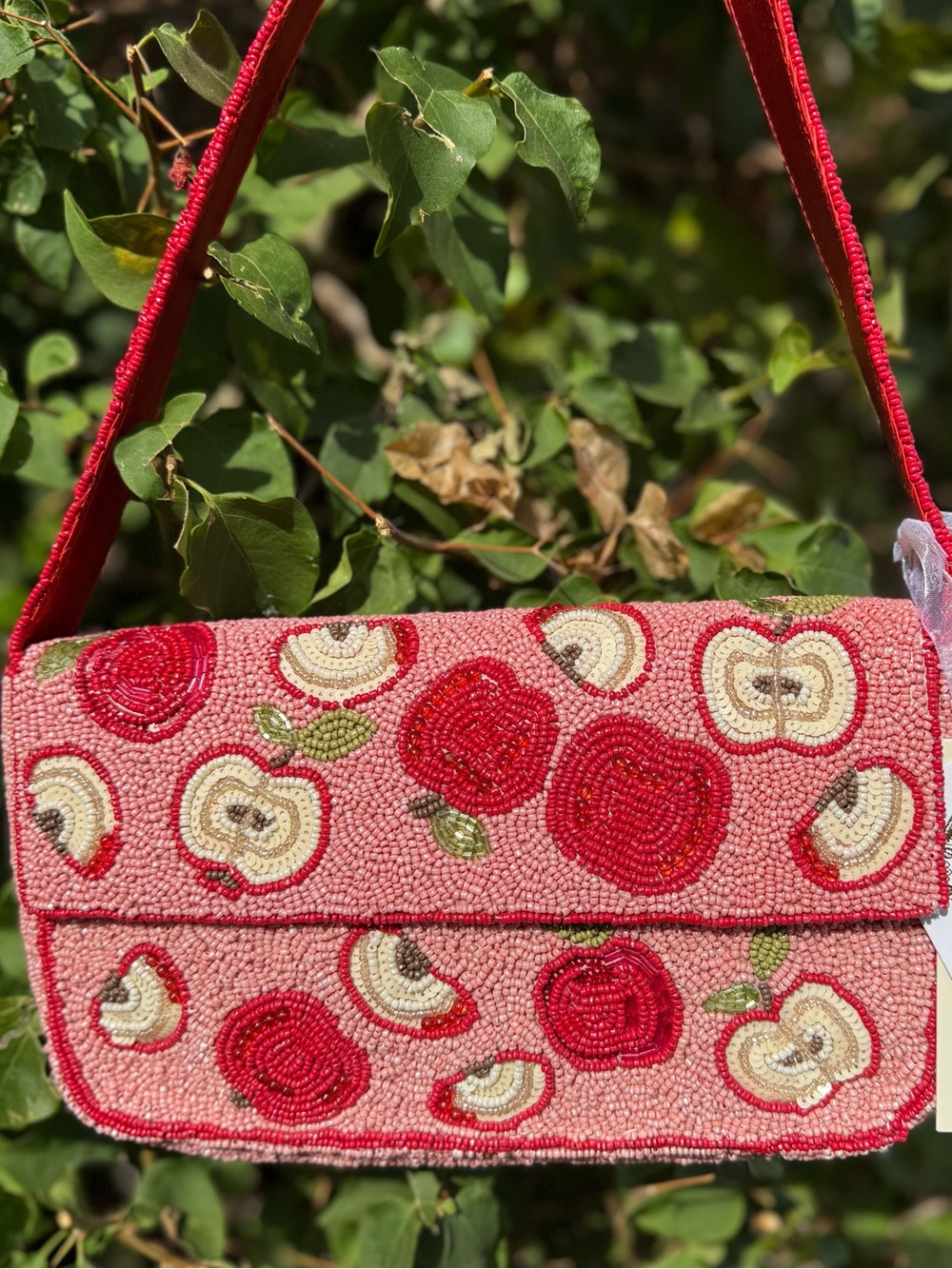 NWT Made in India Apple Apples Pink Red Beaded Shoulder Beaded Bag